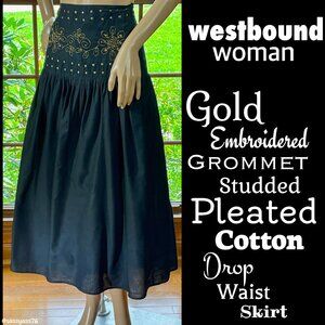 ⭐️HP⭐️WESTBOUND WOMAN▪️Gold Embrd Grommet Stud Pleated Cotton Drop Waist Skirt